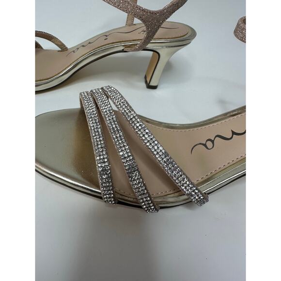 NiNA GOLD METALLIC CRYSTAL STRAPS MID-HEEL SANDALS ANKLE-STRAPS NUDE SIZE 8.5 - Picture 4 of 8